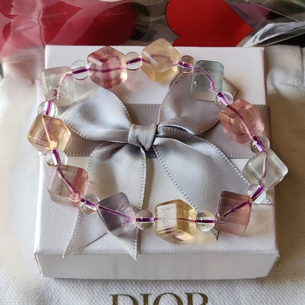 Colorful Fluorite square cube bracelet - stretchable
